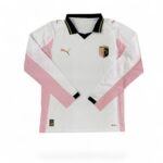 White Palermo soccer jersey with pink sleeves and side panels, black collar trim, and gold Puma logo on the chest; crest reads Palermo 25.