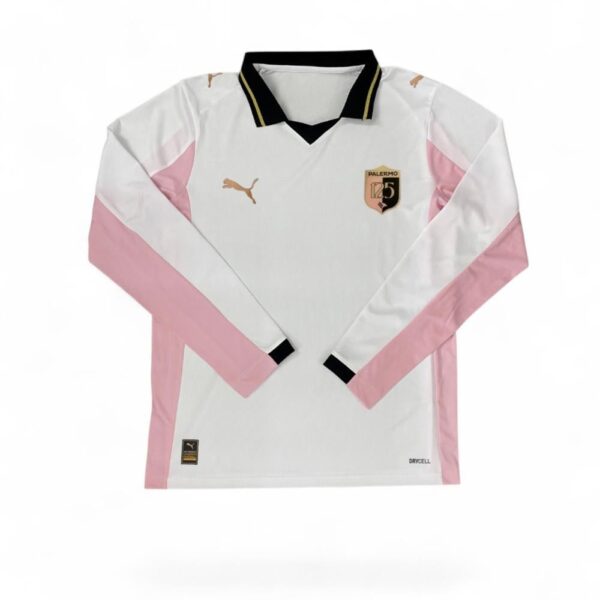 White Palermo soccer jersey with pink sleeves and side panels, black collar trim, and gold Puma logo on the chest; crest reads Palermo 25.