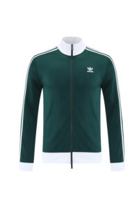 Dark green Adidas track jacket with white collar, stripes, and zip, front view.