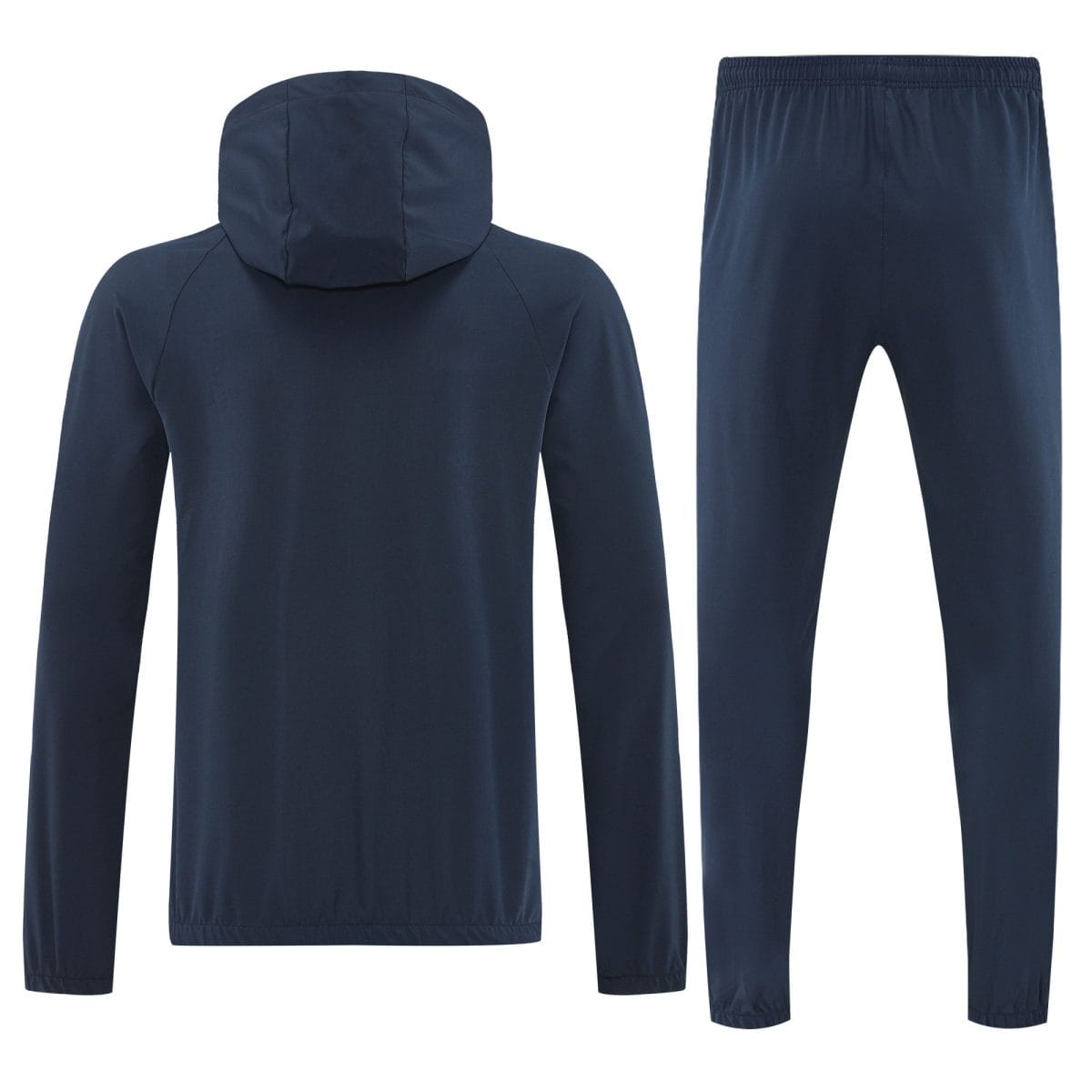 Back view of a navy blue hoodie paired with matching jogger pants on a white background.