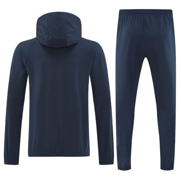 Back view of a navy blue hoodie paired with matching jogger pants on a white background.