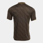 Back view of a brown patterned short-sleeve polo shirt with yellow trim at the collar and cuffs; 'BEES' text at the neck.