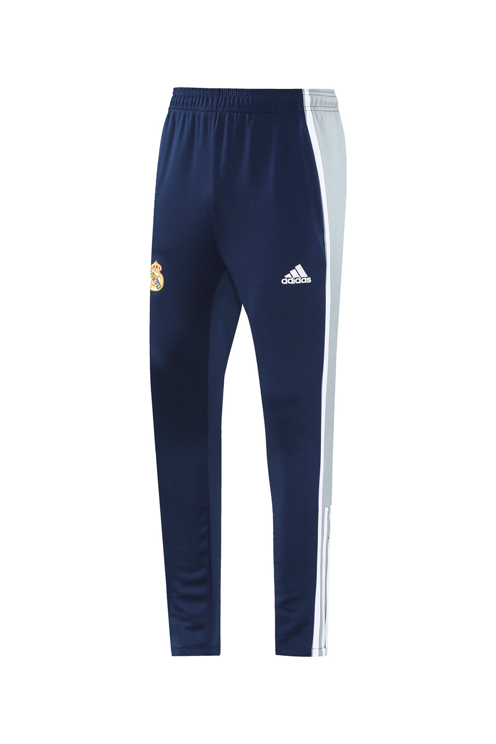 a9c1c2be | UAE SPORT STORE Navy blue Real Madrid track pants with light gray side panels and white Adidas logo on the thigh side.