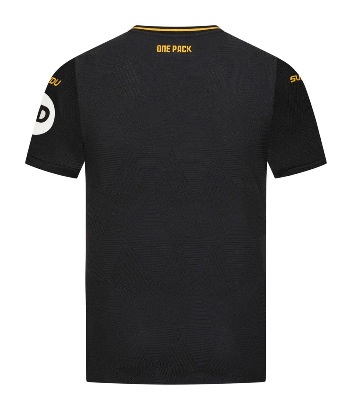 Back view of a black athletic jersey with a geometric pattern and a yellow 'ONE PACK' logo at the neckline; white patch on the left sleeve.