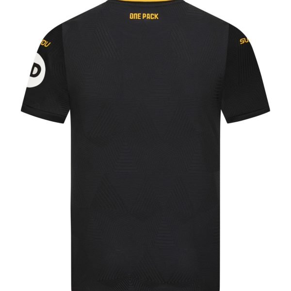 Back view of a black athletic jersey with a geometric pattern and a yellow 'ONE PACK' logo at the neckline; white patch on the left sleeve.