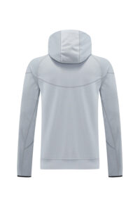 Back view of a light gray hooded sweatshirt, showing the hood and seam details.
