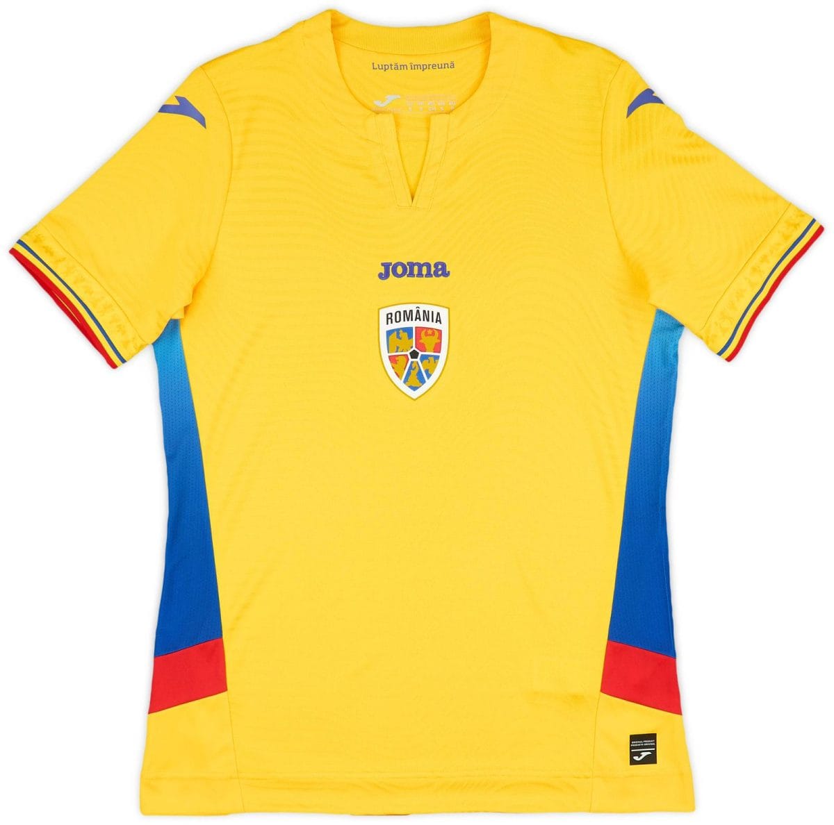 Yellow Romania national football jersey with blue accents and crest on chest; Joma logo above center.