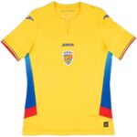 Yellow Romania national football jersey with blue accents and crest on chest; Joma logo above center.