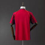 Back view of a red short-sleeve athletic jersey with blue side panels and yellow piping on the collar.