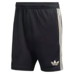 Black Adidas athletic shorts with white side stripes and trefoil logo at the bottom-right leg.