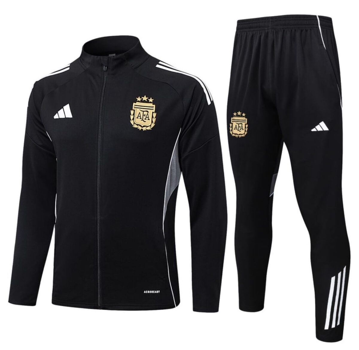 Argentina black training jacket and pants with team crest and white stripes.