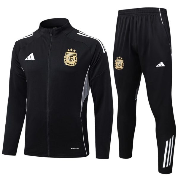 Black Argentina training tracksuit with gold crest, white Adidas stripes, zip-up jacket and matching pants.