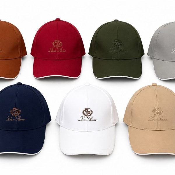 Seven baseball caps in orange, red, olive, gray, navy, white, and tan with an embroidered crest and 'Loro Piana' text visible on each cap.