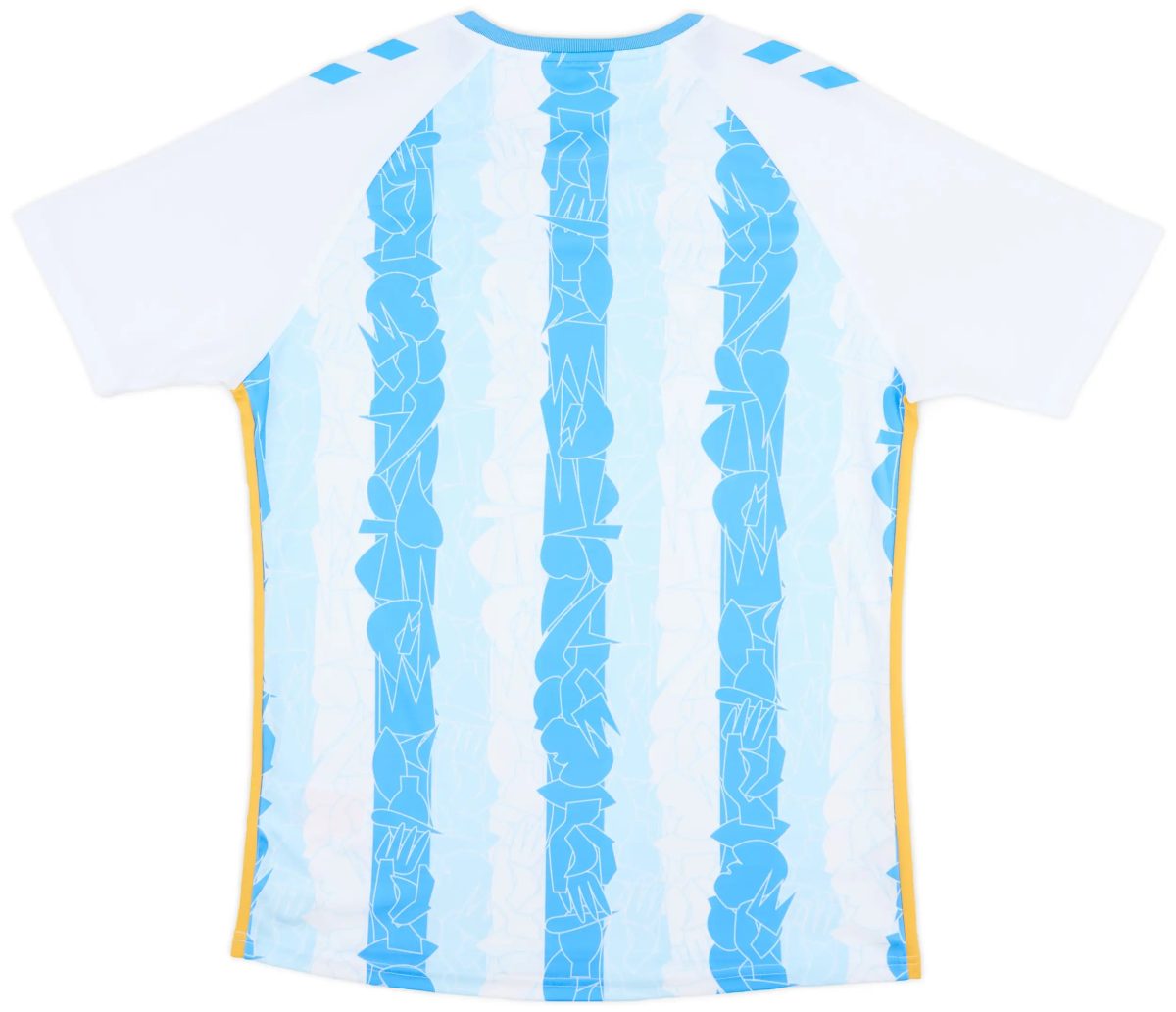Back view of a light blue graphic T-shirt featuring vertical blue abstract patterns and yellow trim along the sides from the hem to the sleeve edges.