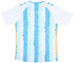 Back view of a light blue graphic T-shirt featuring vertical blue abstract patterns and yellow trim along the sides from the hem to the sleeve edges.