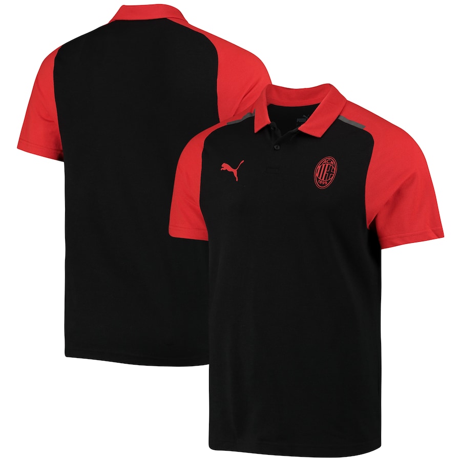 ac-milan-puma-casuals-polo-black_ss5_p-13384378_pv-1_u-vqkdswwxjivlvu8fkdio_v-hd3httj1lxgbqnetafer | UAE SPORT STORE Two-tone polo shirt: black body with red sleeves and collar, AC Milan crest on left chest and Puma logo on right chest edge. Front view shown; back view in background.