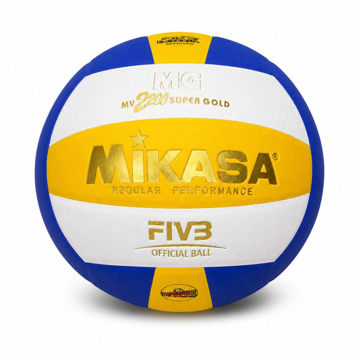 Mikasa volleyball with blue, white, and gold panels and gold lettering, labeled FIVB Official Ball