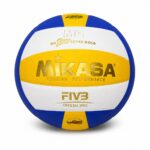 Mikasa volleyball with blue, white, and gold panels and gold lettering, labeled FIVB Official Ball