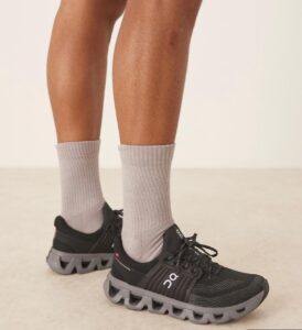 ac019a35-0488-472e-ad4d-543be2ebe12d | UAE SPORT STORE Lower legs with light gray crew socks in black ON running shoes on a pale floor, shown from the front side view.