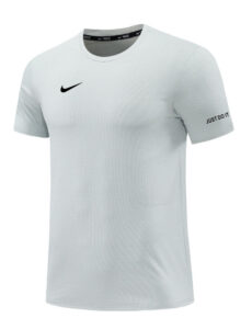 Light gray perforated-mesh Nike T-shirt with a black swoosh on the chest and 'Just Do It' on the sleeve.
