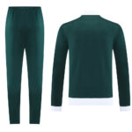 Forest green tracksuit: full-length pants and matching long-sleeve top with white cuffs, shown from the front. Readily worn athletic set.