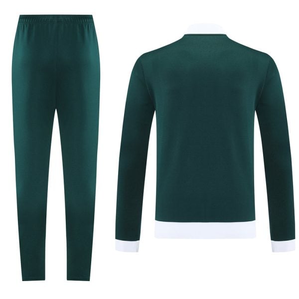 Forest green tracksuit: full-length pants and matching long-sleeve top with white cuffs, shown from the front. Readily worn athletic set.