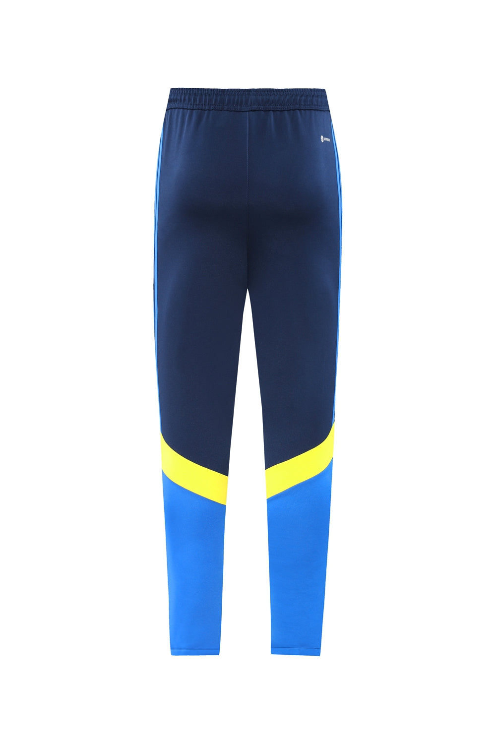 ad177601 | UAE SPORT STORE Navy athletic track pants with blue and yellow color blocks at the lower legs and an elastic waistband.