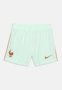 Mint green athletic shorts with orange side piping, featuring an FFF rooster logo on the left leg and a Nike swoosh on the right leg.