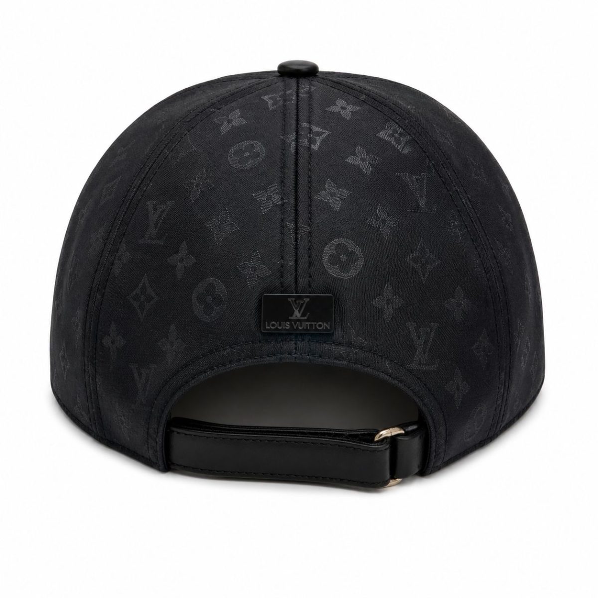 Back view of a black Louis Vuitton cap with an adjustable strap and subtle monogram pattern pattern all over the fabric