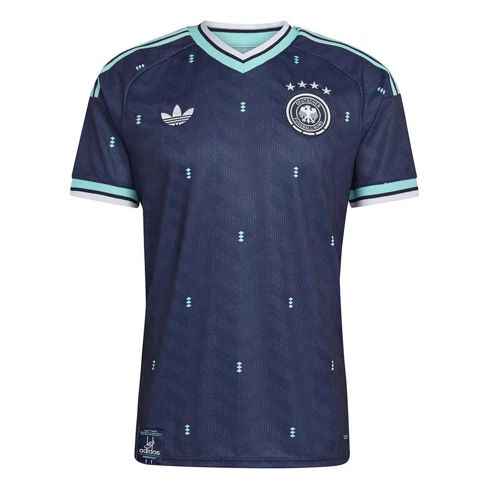adidas-germany-26-27-away-short-sleeve-t-shirt | UAE SPORT STORE Germany national football team navy jersey with teal trim, Adidas logo and crest on chest.