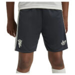 adidas-manchester-united-24-25-junior-third-set_6 | UAE SPORT STORE Navy athletic shorts with white side stripes and logos; Adidas trefoil on the right leg.