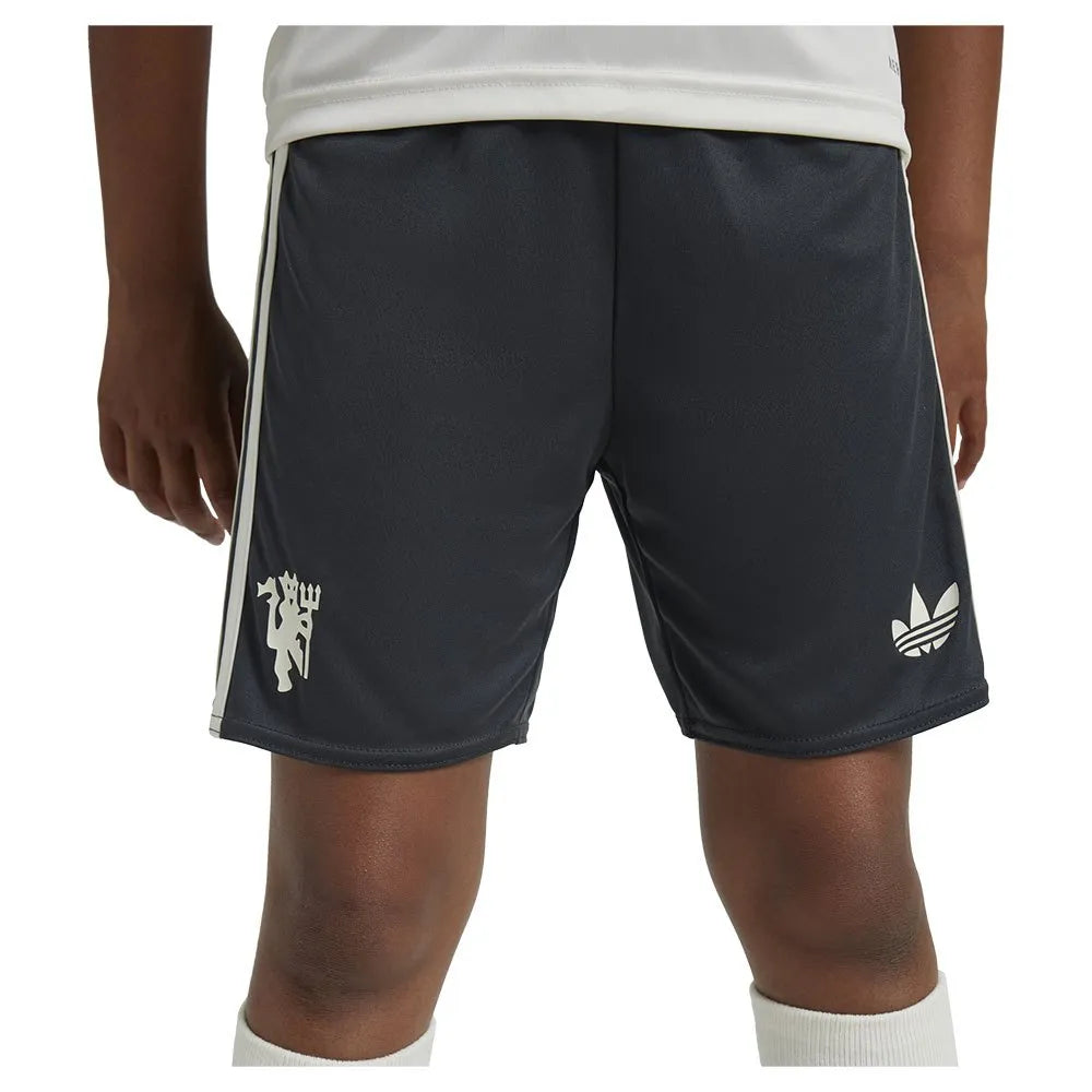 adidas-manchester-united-24-25-junior-third-set_6 | UAE SPORT STORE Navy athletic shorts with white side stripes and logos; Adidas trefoil on the right leg.