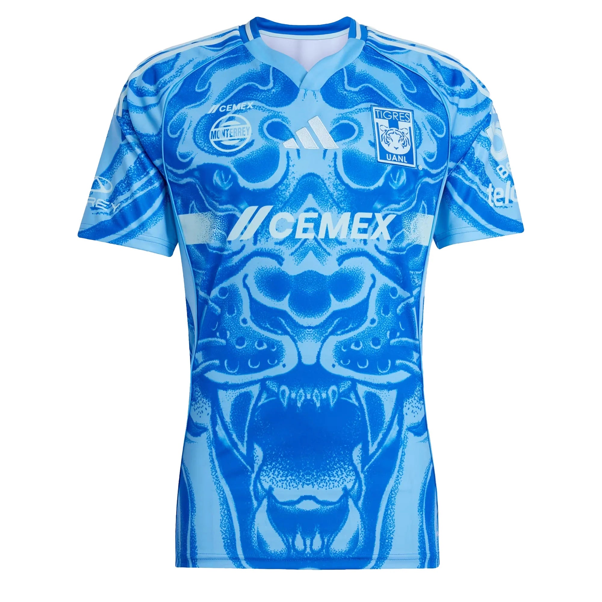adidas-mens-tigres-uanl-2025-26-away-jersey-sea-blue-front Blue athletic jersey with a dynamic tiger print and sponsor logos (CEMEX, Monterrey) and Tigres UANL crest on the chest graphic styling.