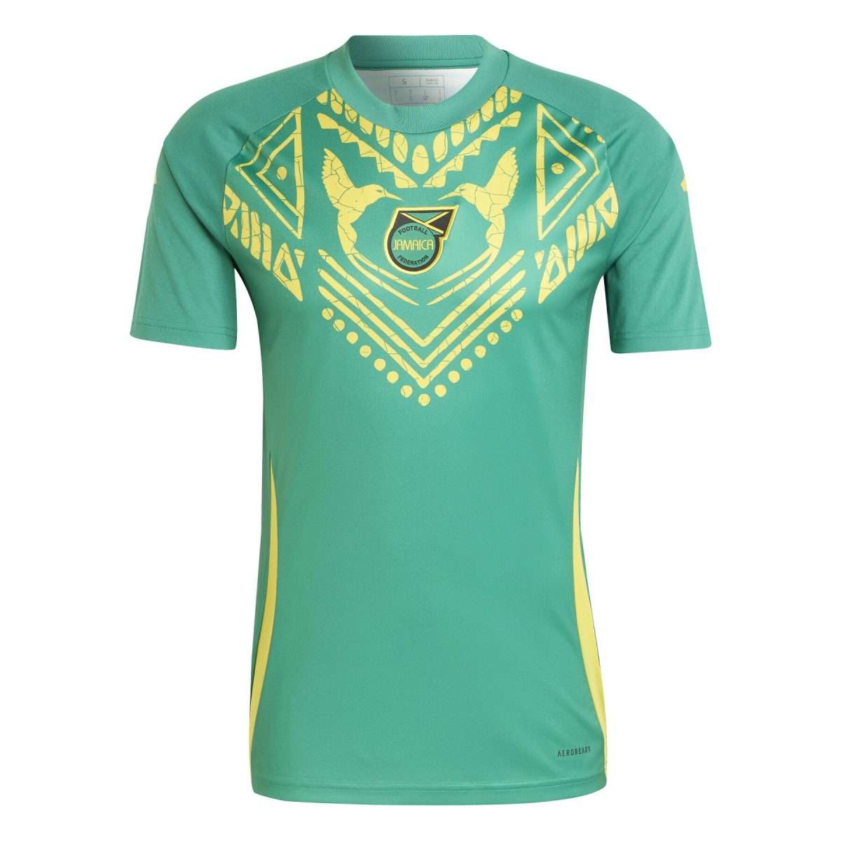 Teal short-sleeve sports jersey with a large gold geometric pattern and Jamaica Football Federation crest on the chest, side yellow accents.