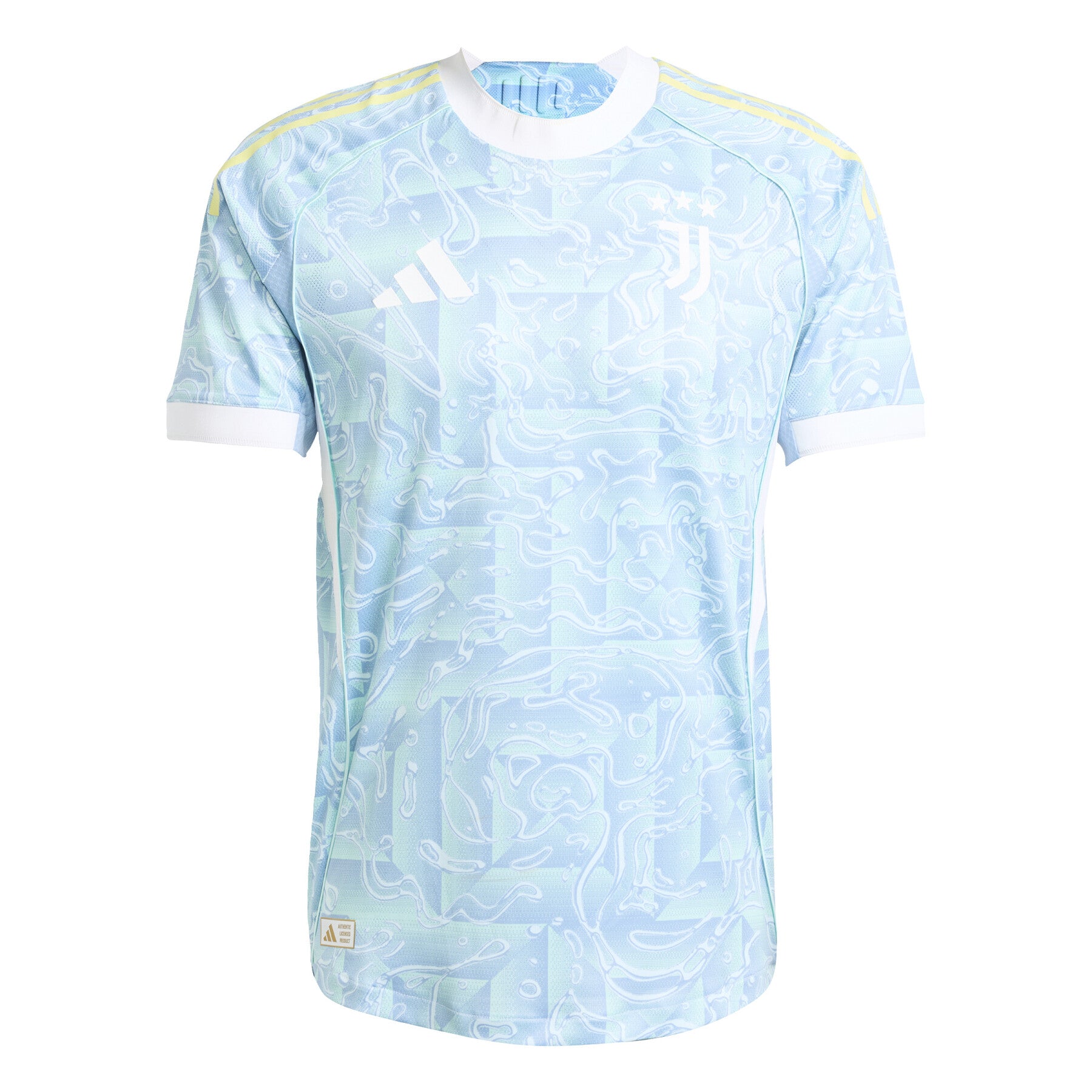 adidas_jj4312_ashblu_1 Light blue patterned sports jersey with white collar and shoulders, featuring an Adidas logo on the chest and thin yellow stripes along the sleeves.