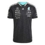 Black Mercedes AMG Petronas team jersey with teal collar and sponsor logos on the chest area (short sleeves).