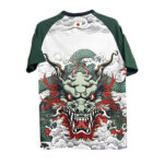 T‑shirt with a bold green dragon head illustration emerging from clouds on a white body with green sleeves and a small Japanese flag at the neckline.