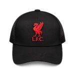 Black baseball cap with red Liverpool FC crest on front panel, mesh sides, curved brim.
