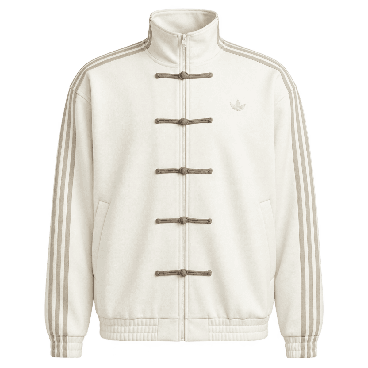 Beige adidas casual jacket with white stripes and logo, front view.