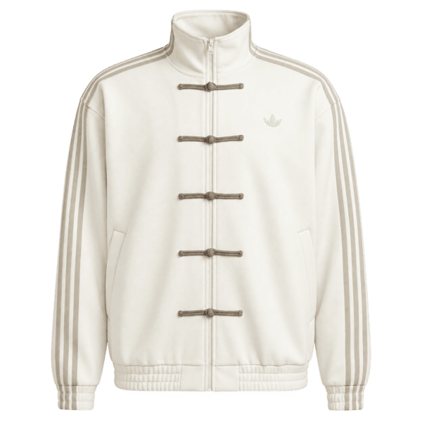 Beige adidas casual jacket with white stripes and logo, front view.