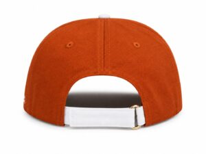 Back view of bright orange cap with white adjustable strap and gold buckle.