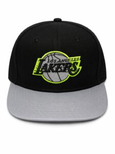 Black baseball cap with a gray curved brim and a neon-yellow-outlined Lakers logo patch on the front; features the text 'Los Angeles Lakers.'