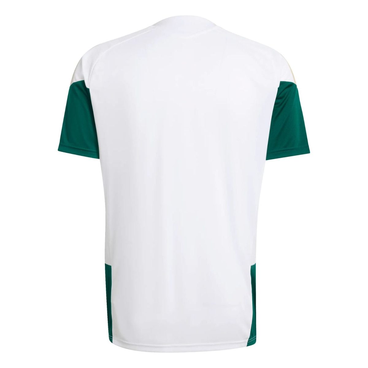 Back view of a white sports jersey with dark green sleeves and side panels.