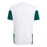 Back view of a white sports jersey with dark green sleeves and side panels.