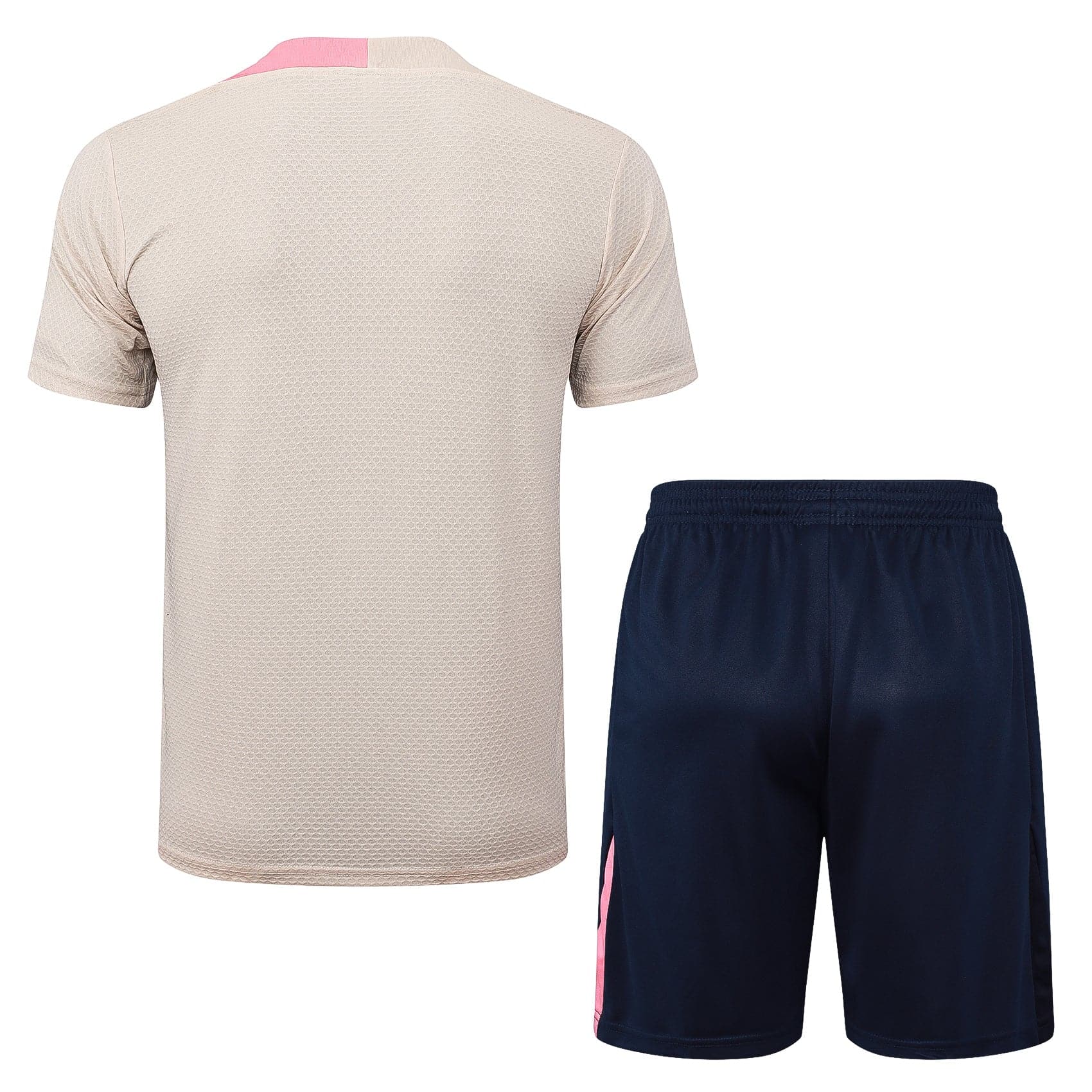 afb58e5e | UAE SPORT STORE Beige mesh-textured short-sleeve shirt paired with navy shorts that have a pink side stripe, shown from the back.