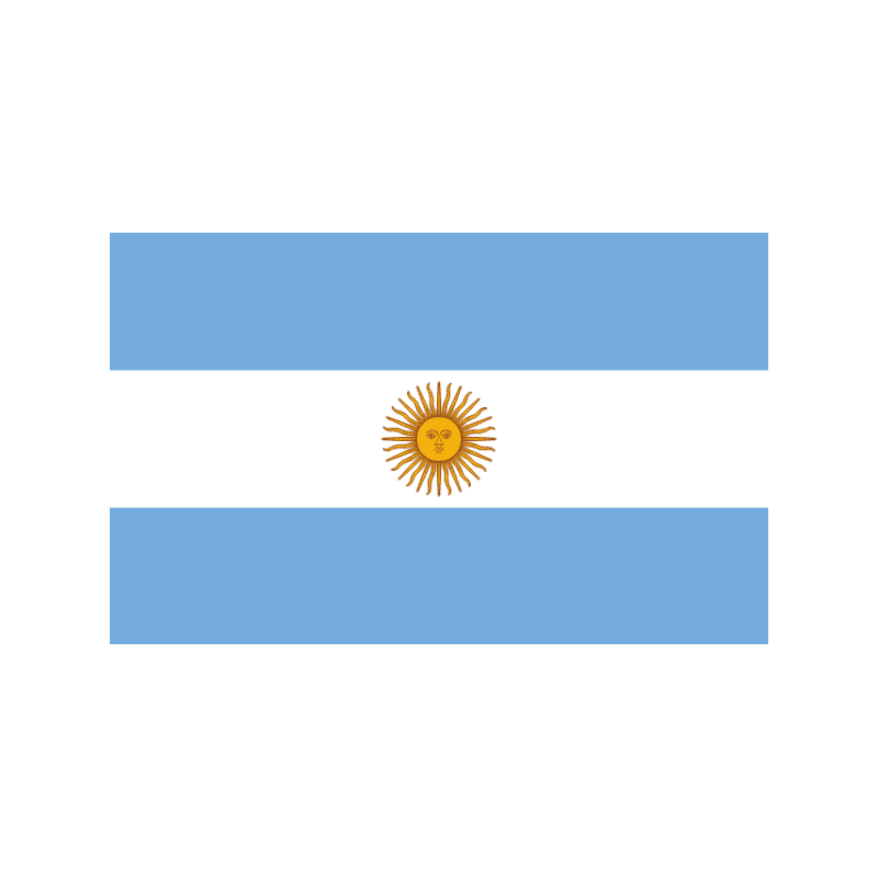 Flag of Argentina: three horizontal bands blue-white-blue with the Sun of May centered in the white stripe.