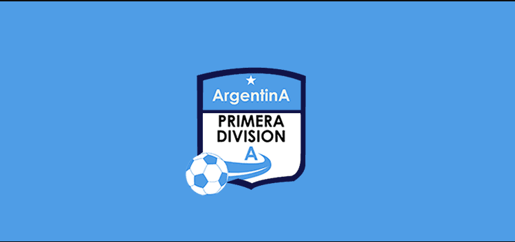 Argentina Primera Division logo on a blue background, with a soccer ball overlapping the shield