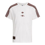 White short-sleeve T-shirt with thin vertical pinstripes and maroon triple stripes along the shoulders; features small logos on the chest.