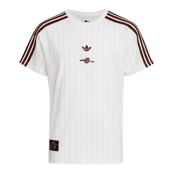 White short-sleeve T-shirt with thin vertical pinstripes and maroon triple stripes along the shoulders; features small logos on the chest.