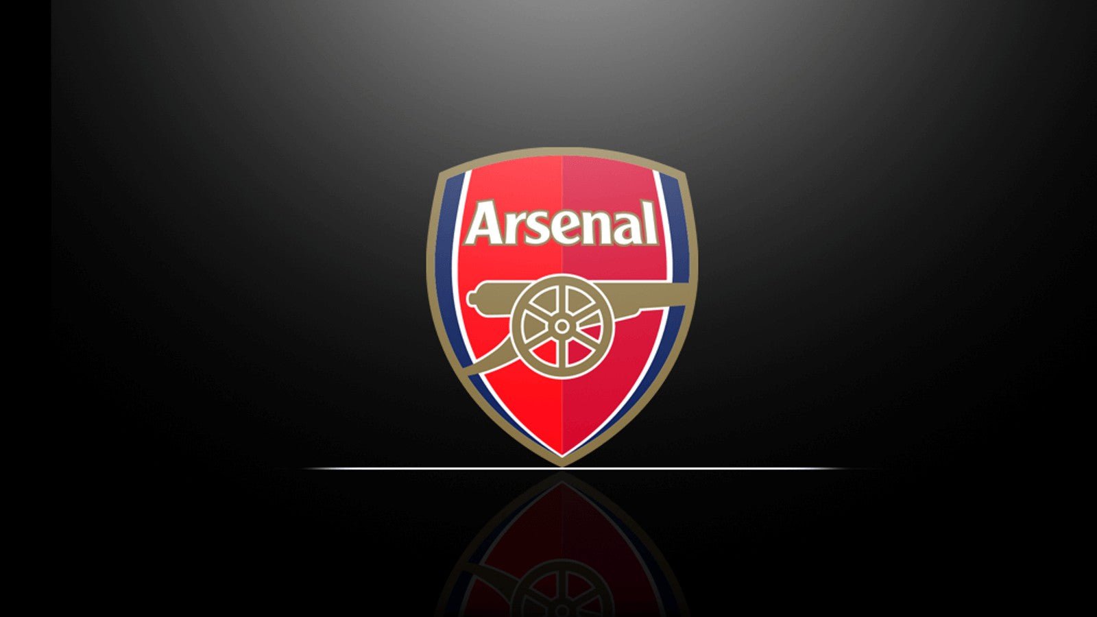 Arsenal football club crest centered on a dark gradient background with a gold cannon emblem, red shield, and blue trim.